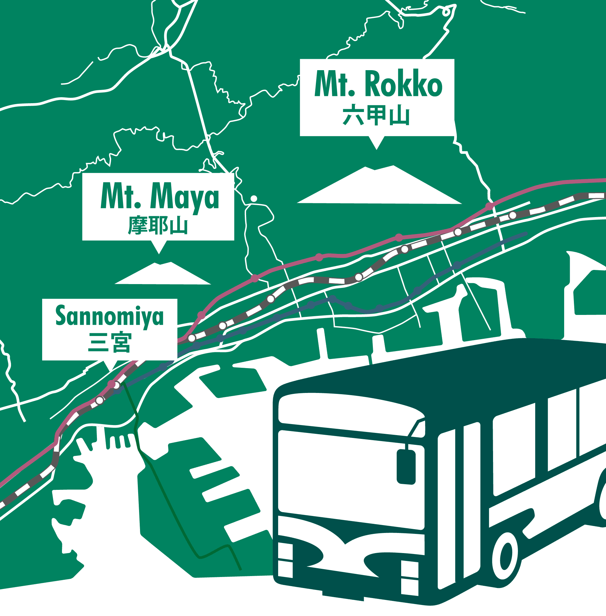 ¡Puede acceder fácilmente a Rokko y Maya en autobús!